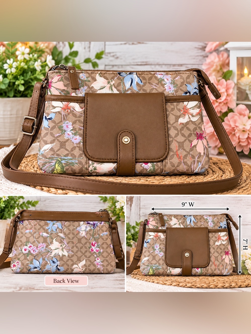 Floral Tan Crossbody Purse with Attached Front Wallet Compartment 🌸🤎